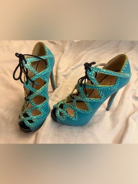 RARE Nicholas Kirkwood Archive Caged Lace-Up Heels - Turquoise/Gold